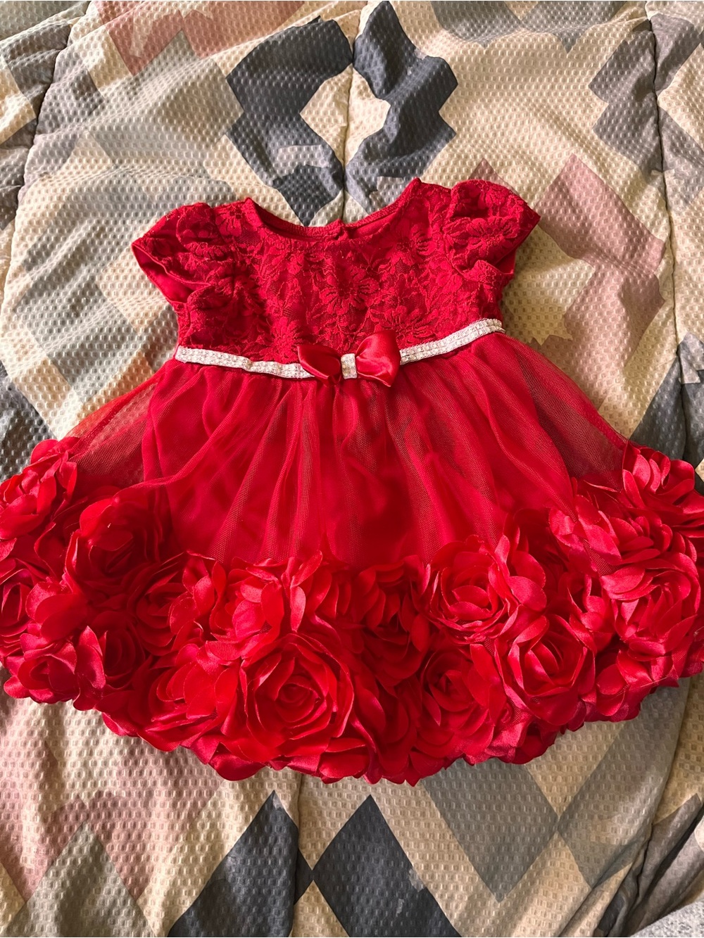Red Floral Rosette Tulle Dress with Bow Trim for Girls